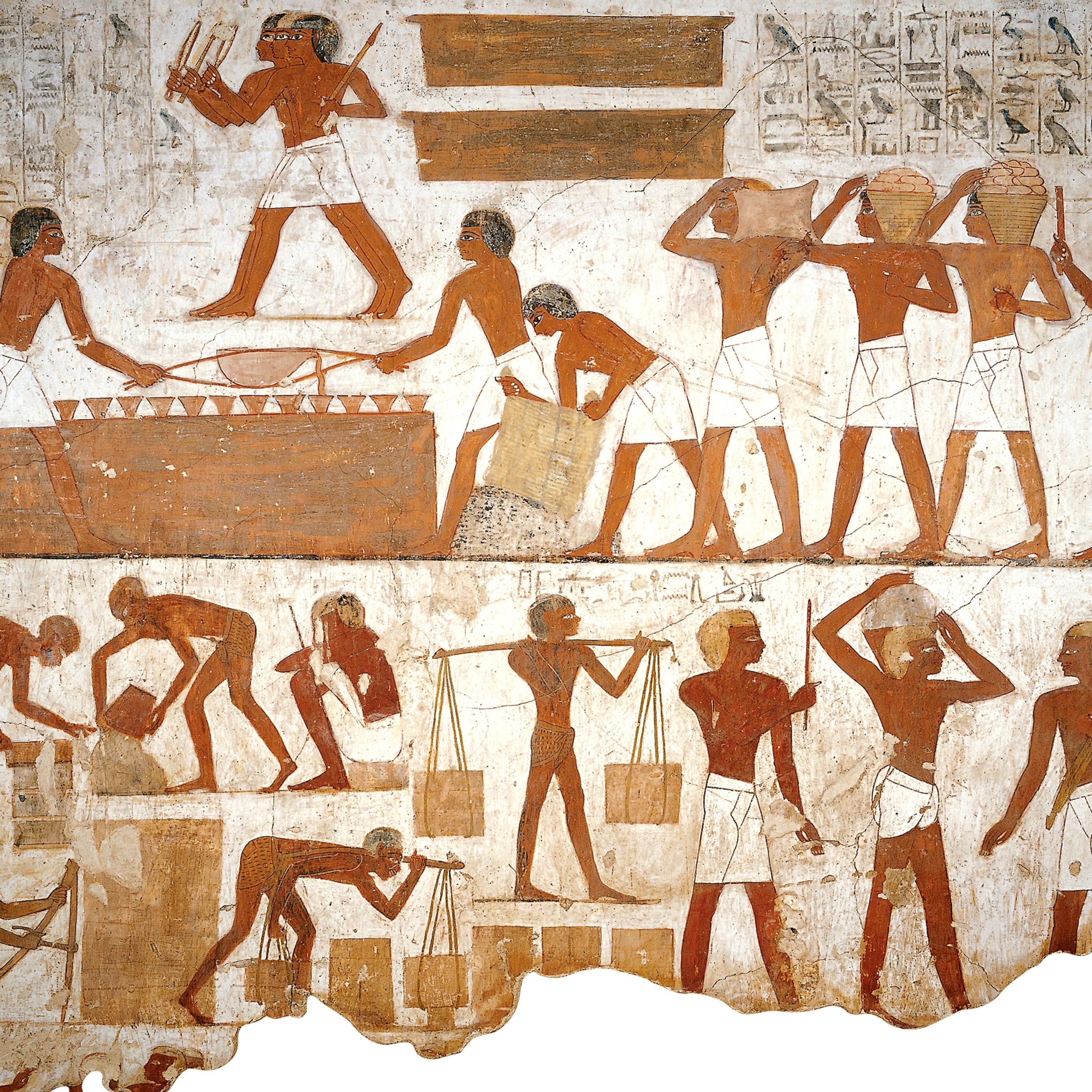 Tomb painting depicting Deir el-Medina workmen carrying baskets, sawing wood and hauling loads
