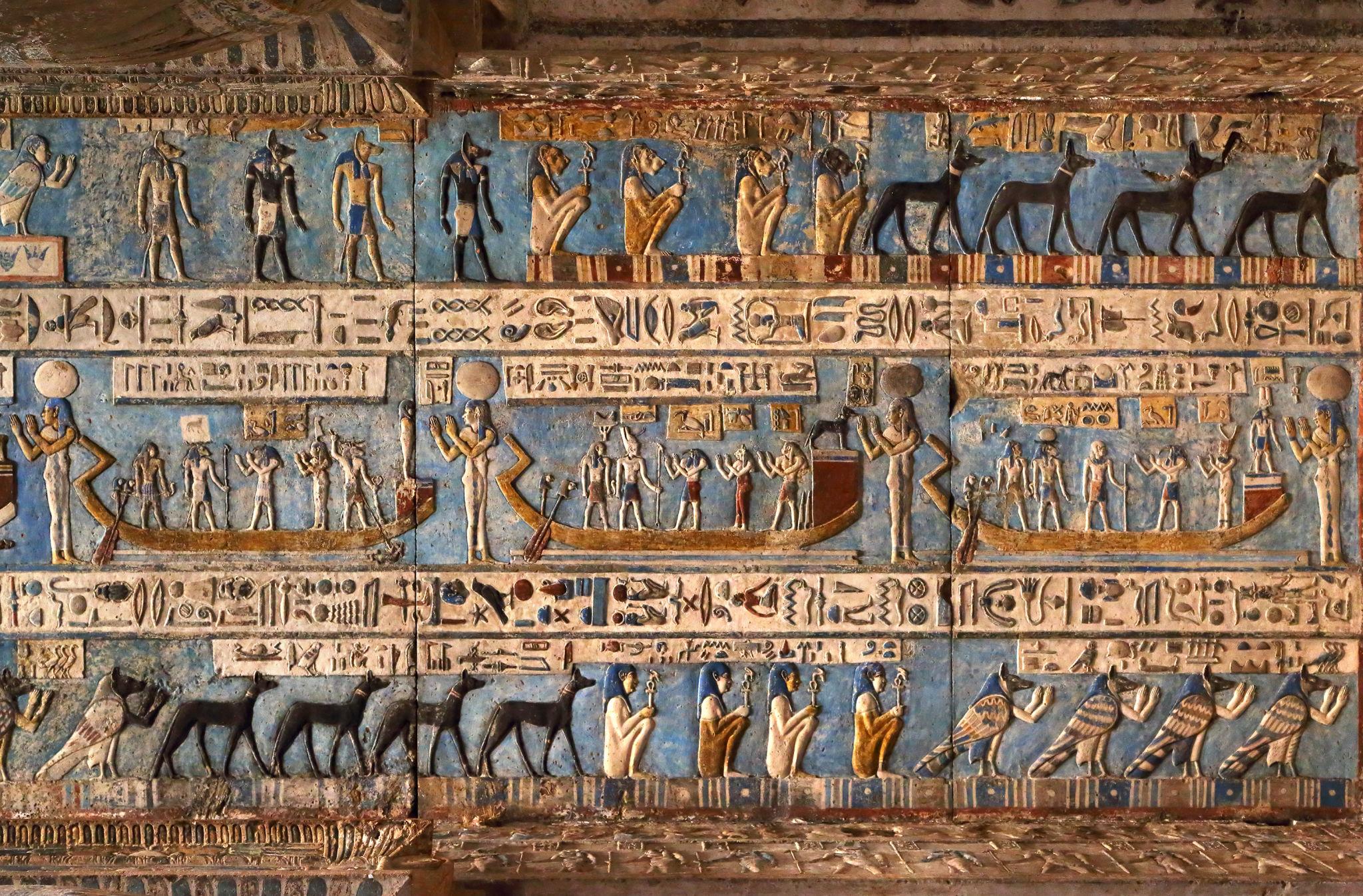 Blue ceiling panels showing hours and deities in solar barques at Dendera.