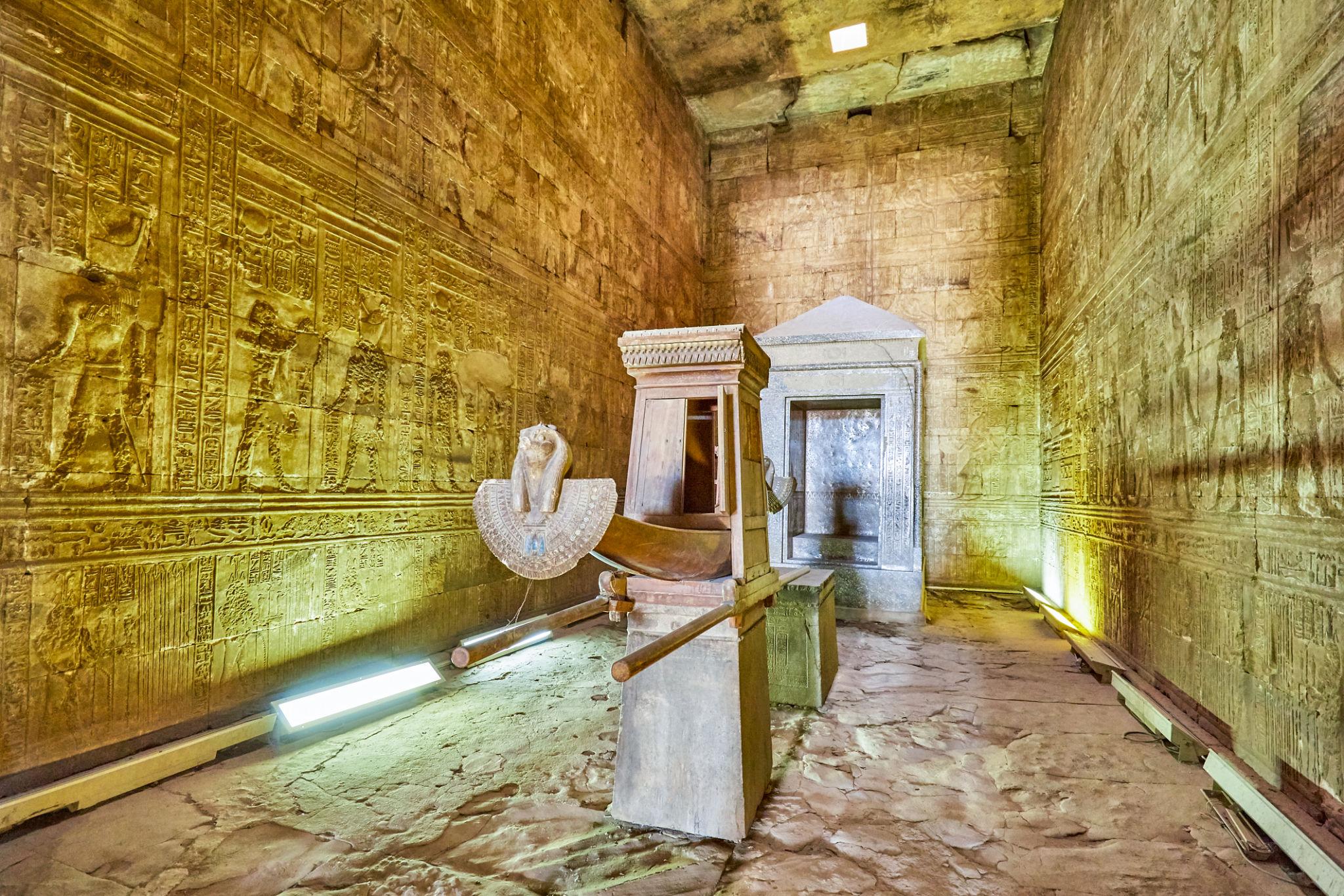 Granite barque shrine in the inner sanctuary of the Temple of Edfu.