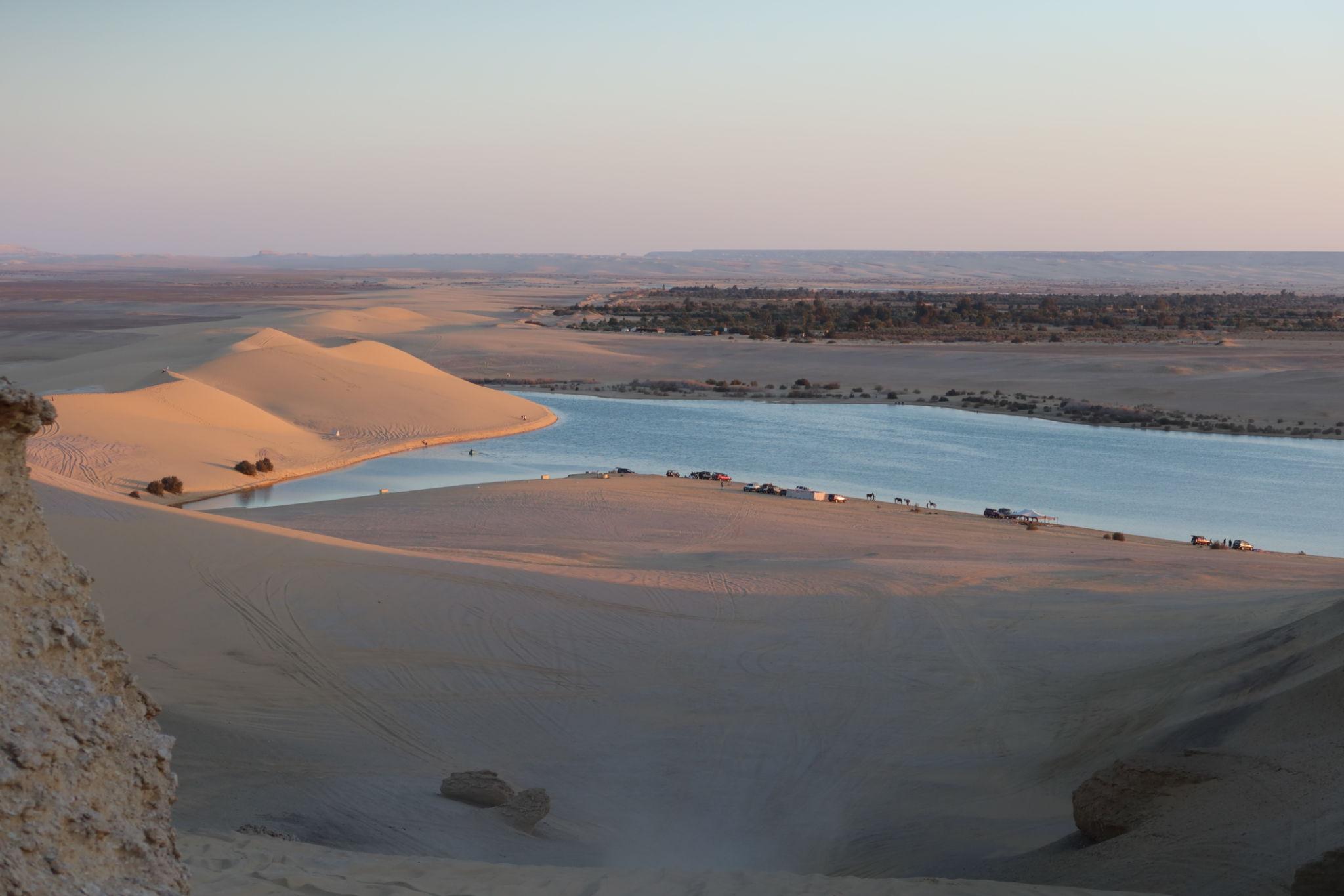 Sand dunes meeting a desert lake with vehicles parked on the shore