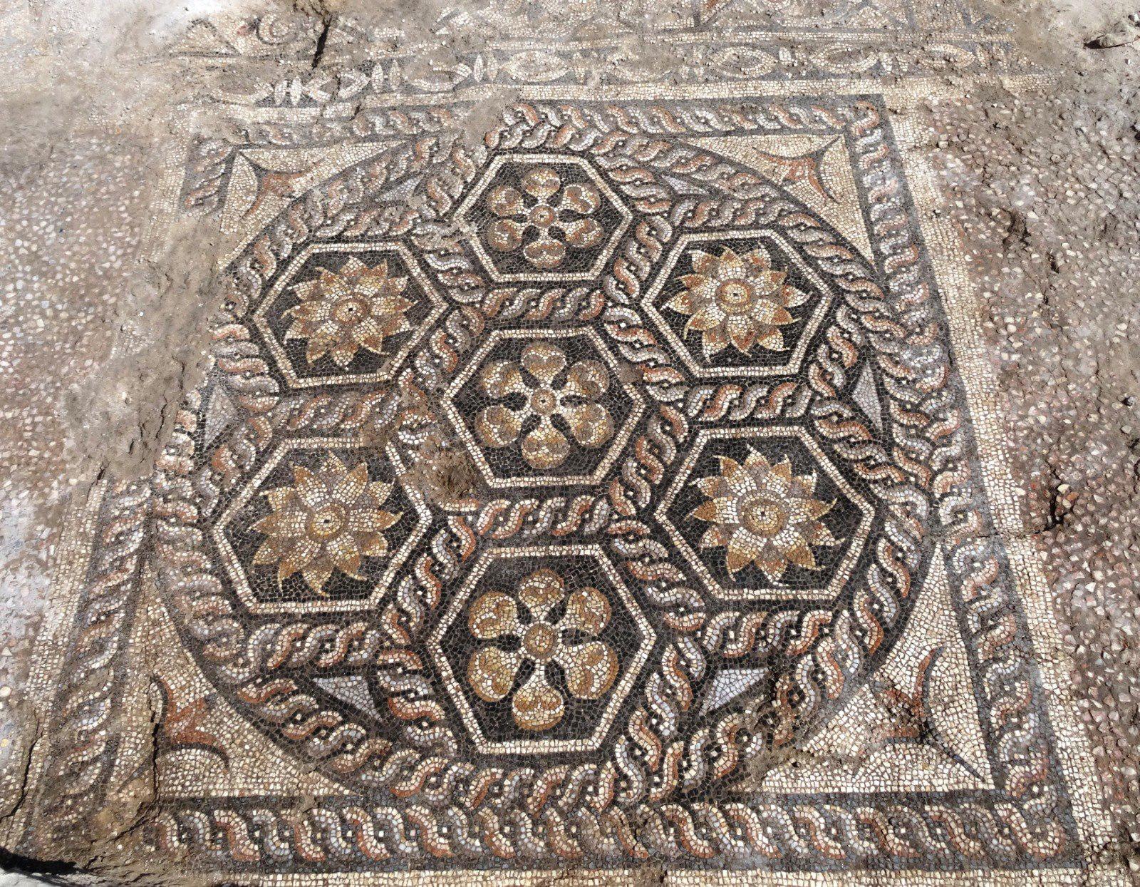 Intricate Roman floral mosaic floor with hexagonal rosettes at Kom el-Dikka, Alexandria
