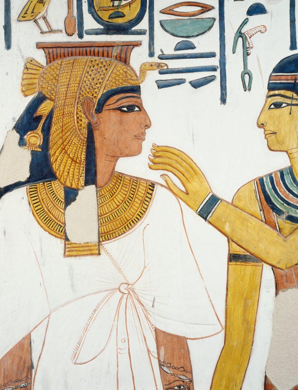 Close-up of Nefertari being greeted by the goddess Isis in delicate tomb painting.