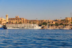 Luxor Temple is a large Ancient Egyptian temple complex on east bank of Nile river in Luxor (ancient Thebes). View from Nile river