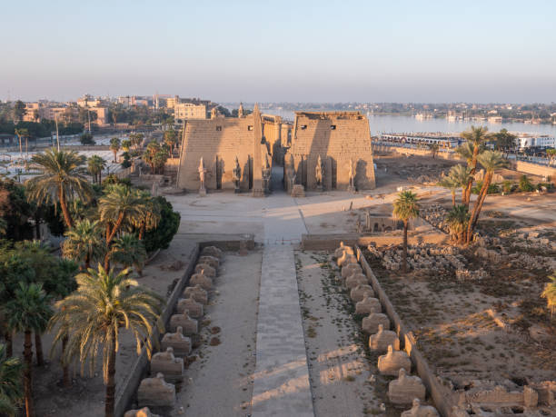 Aerial view of Luxor city, shot from an hot air balloon at sunrise